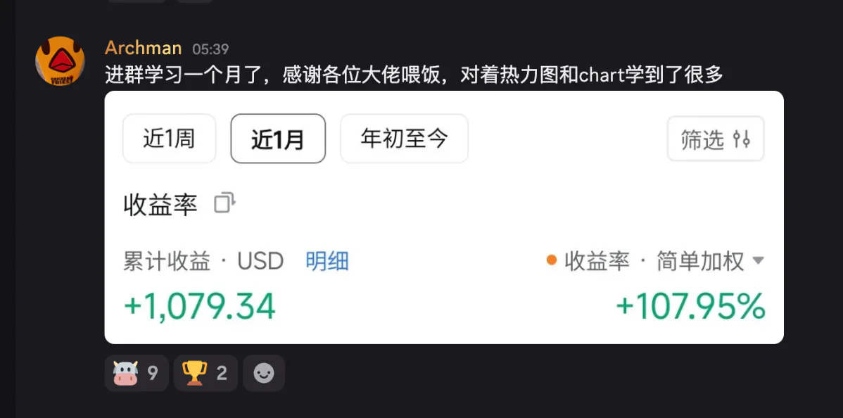 Archman 的学习反馈与个人收益分享截图